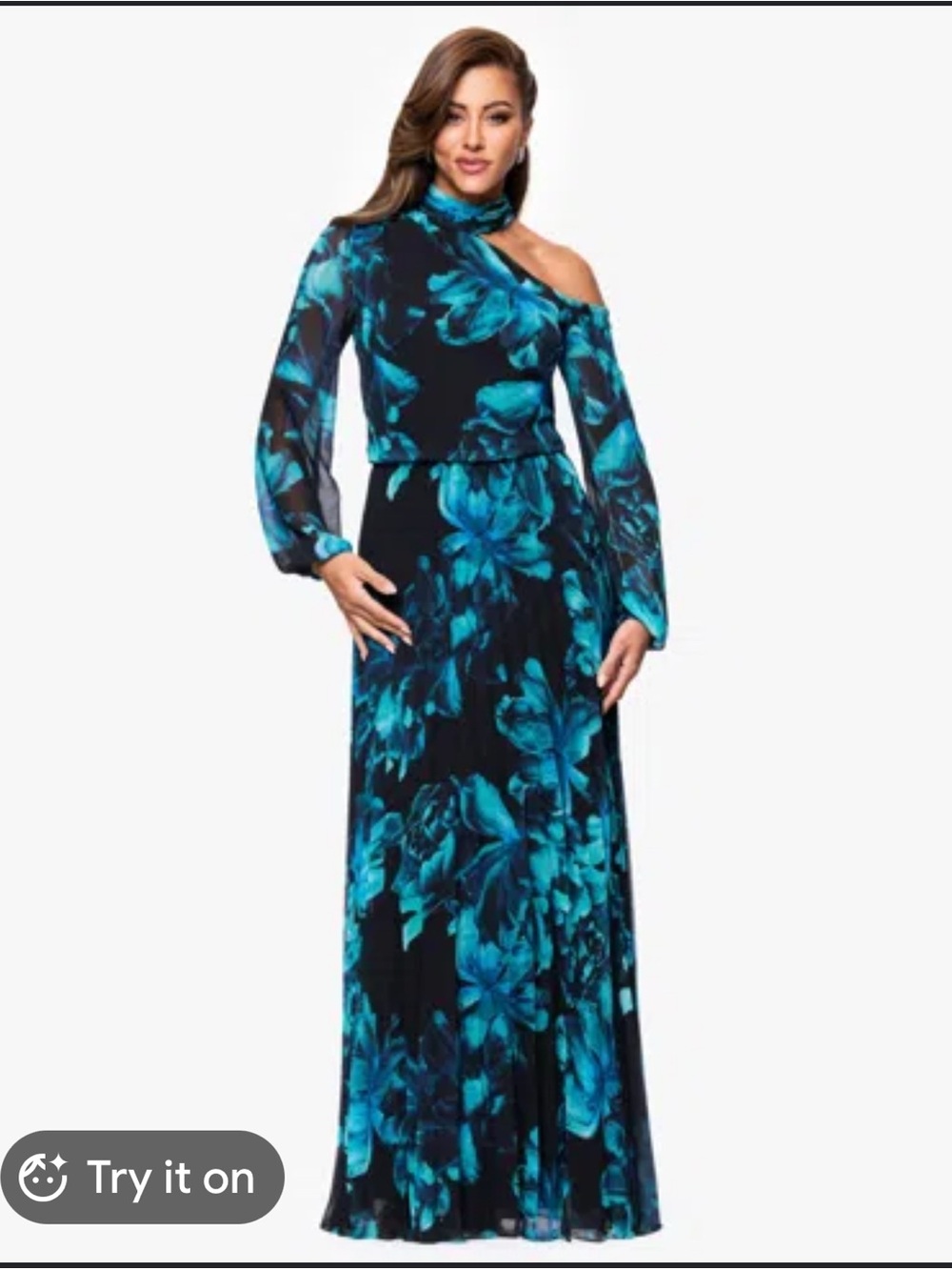 Xscape Black One-Shoulder Floral Maxi Dress with Teal Print